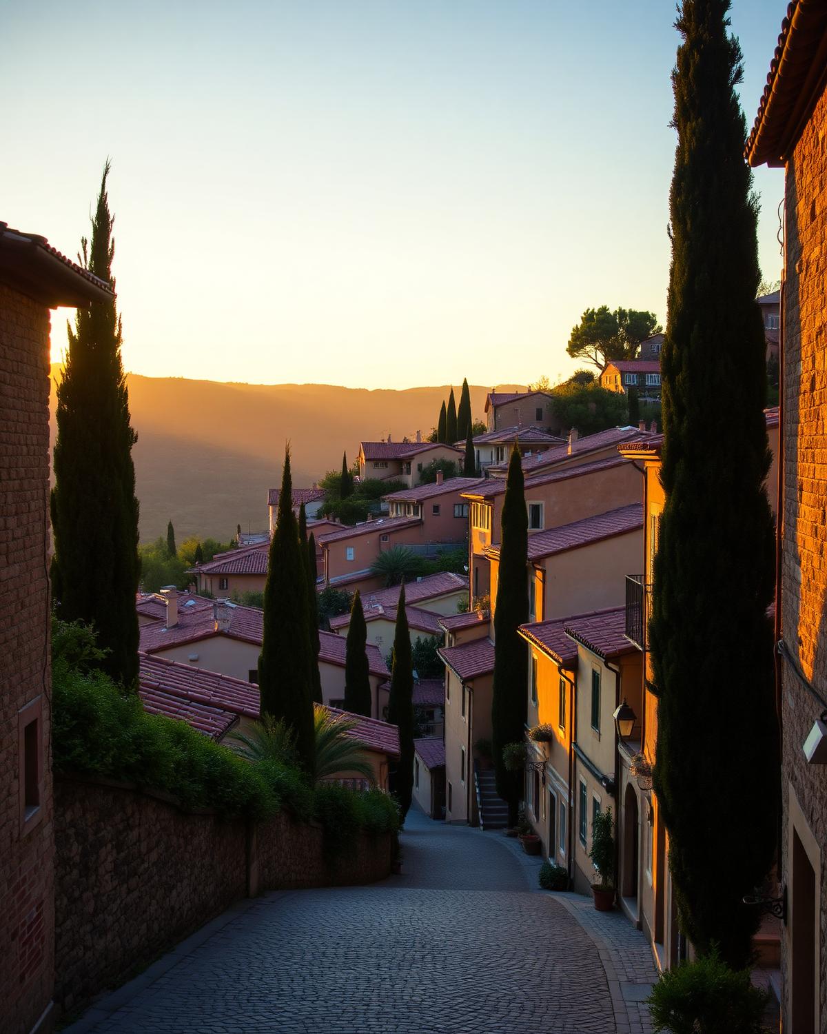 European hillside village at golden hour
